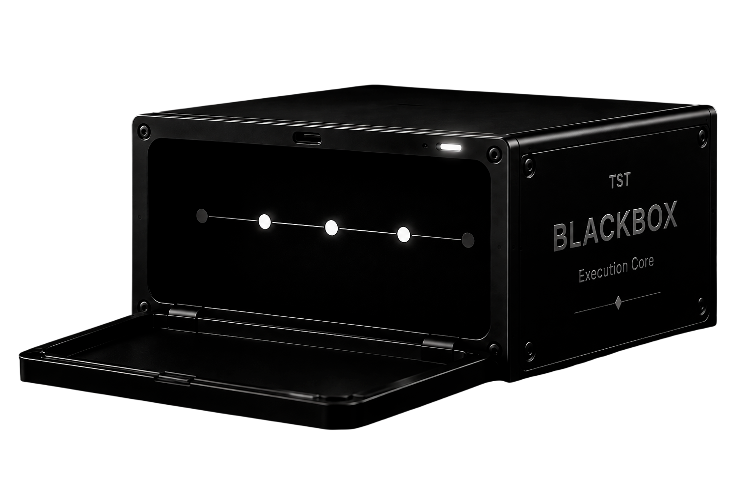 The BLACKBOX unit, open — its screen showing an execution decision timeline