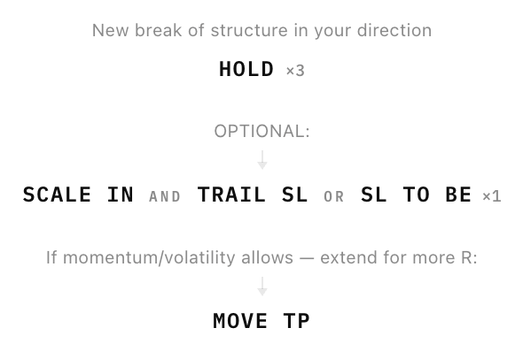 New BOS — Hold, then optional Scale In and Trail SL / SL to BE, then Move TP